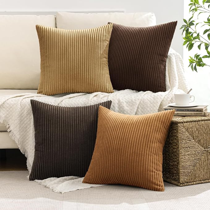 MIULEE Boho Farmhouse Throw Pillow Covers 20x20 Inch Set of 4 Rustic Mordern Neutral Cushion Covers Soft Corduroy Nordic Home Decor for Couch Bed Sofa Living Room Camel Brown