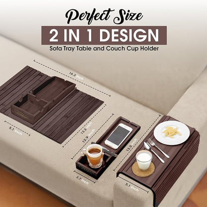 Couch Cup Holder Tray with 2 Cork Coasters, Couch Arm Tray, 2 in 1 Anti-Slip Foldable Sofa Arm Tray, Couch Armrest Table, Anti-Spill Couch Arm Table for Drinks TV Remote Cellphone Snacks (Walnut)