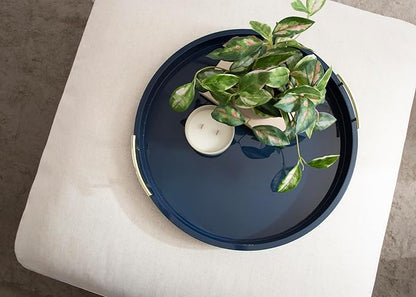Kate And Laurel Lipton Modern Round Ottoman Tray; 22 Inch Diameter; Navy and Gold; Decorative Circle Coffee Table Tray for Living Room Decor or Large Serving Tray