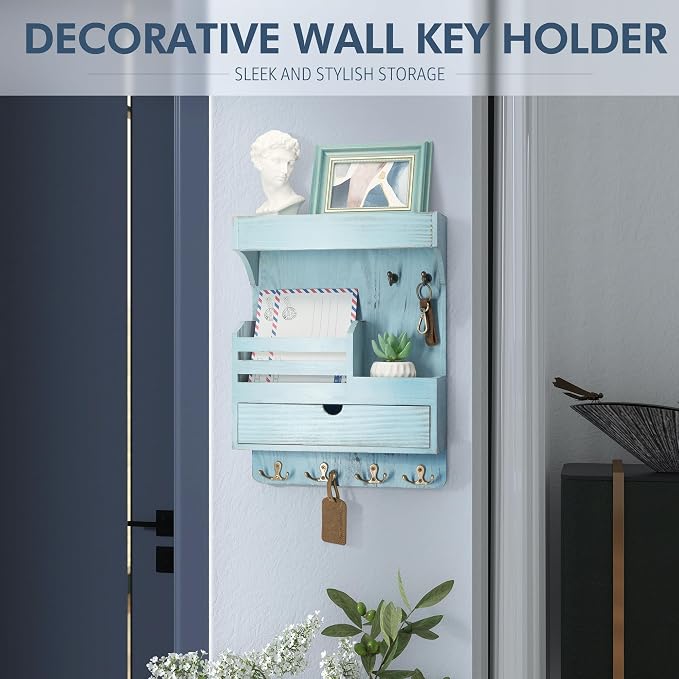 Rebee Vision Farmhouse Key Holder Wall Mount with Drawer Organizer – Pine Wooden Mail & Key Organizer with 6 Sturdy Hooks & Floating Shelf – A Perfect Touch of Style for Rustic Home Decor (Blue)