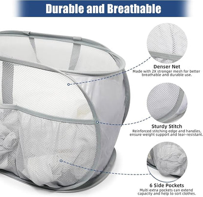 Collapsible Laundry Baskets, Upgrade Pop Up Laundry Hamper with Convenient Bags, Foldable Laundry Basket Mesh Light Weight, Easy to Carry Clothes Hampers for Laundry, Dorm, Toys, Travel Grey