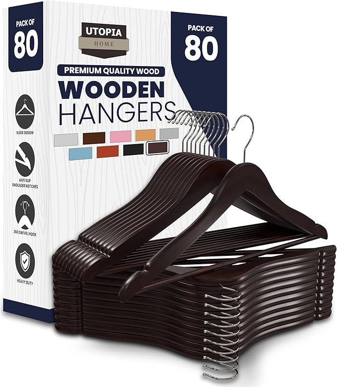Utopia Home Premium Wooden Hangers 80 Pack - Durable & Slim Coat Hanger - Suit Hanger with 360-Degree Rotatable Hook - Wood Hangers with Shoulder Grooves (Brown Color)