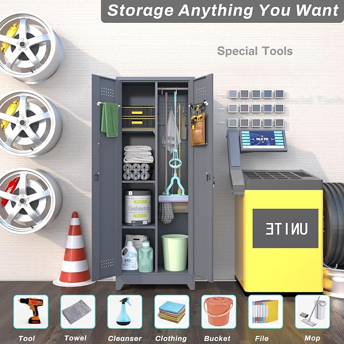65" H Metal Storage Cabinet,Broom Closet Storage Cabinet with Adjustable Shelves,Locking Steel Cabinets with Pegboard and Hanging Rod,Utility Closet for Brooms and Mops,Grey