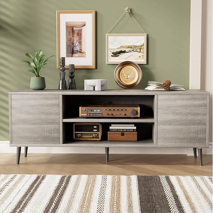 JUMMICO TV Stand for 65 Inch TV, Mid Century Modern TV Stand, Entertainment Center with Storage Cabinet and Open Shelves, TV Console Table Media Cabinet for Living Room, and Bedroom (Gray)
