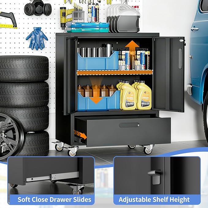 Metal Storage Cabinet with Wheels, Mobile Garage Storage Cabinet with 2 Lockable Doors and 1 Drawer, Rolling Tool Cabinet, Assembly Required, Black