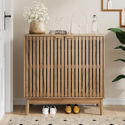 Shoe Storage Cabinet with Ventilated Slatted Doors, Wooden Shoe Organizer, Shoes Rack for Entryway, Hallway, Living Room