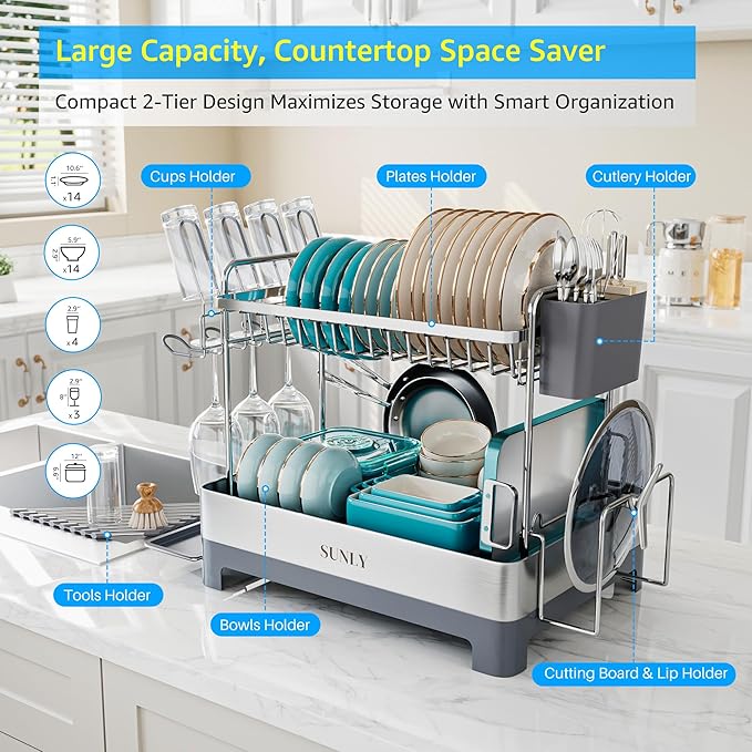 SUNLY Large Dish Drying Rack, Multipurpose 2 Tier Dish Racks for Kitchen Counter, 304 Stainless, Extra Large Drain Board, Gray