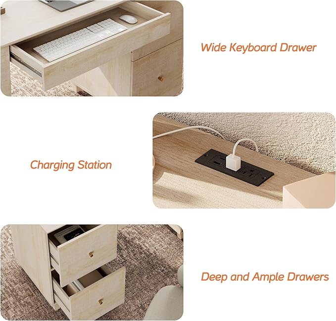 WAMPAT Executive Desk with 4 Deep Drawers, 58 Inch Modern Wooden Office Desk with Charging Station & Keyboard Tray, Home Office Large Computer Desk, Work & Study Writing Desk, Light Oak