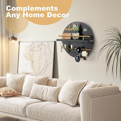 Key Holder for Wall, Key and Mail Holder Organizer with - Key Holder Wall Mount - Round Wooden Rustic Home Decor for Entryway, Mudroom, Hallway, Kitchen Office (Black)