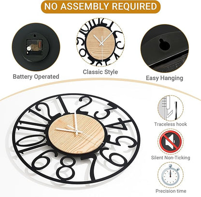 20inch/50cm Wall Clocks for Living Room Decor,Wall Clocks Battery Operated,Modern,Silent,Non Ticking,Large,Wall Clock for Dining Room,Bedroom,Kitchen (Wooden Arabic Numerals, 20 inches)