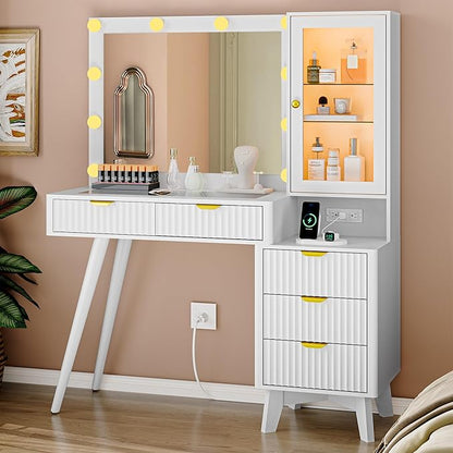 Fluted Vanity Desk with Mirror and Lights, 45" Glass Top Makeup Table Set with 5 Drawers, Power Outlet & Storage Cabinet, Large Dressing Table with RGB Ambient Light for Bedroom Women Girls, White