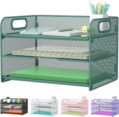 Samstar 3 Tier Green Letter Tray Paper Organizer with Handle, Mesh Desk Organizer Paper Sorter File Rack Shelves, Green