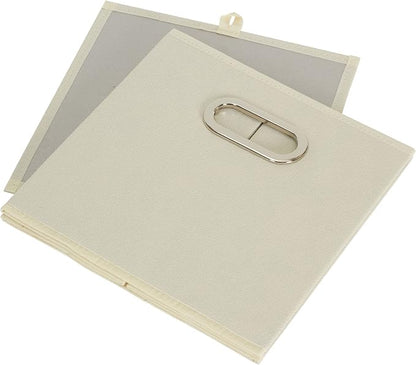 Fabric Storage Bins 6 Piece Set, Strong Poly-Woven Fabric, Sturdy Chipboard Sides, Grommet Front Handle, Stackable and Foldable, Classic Design, Cream