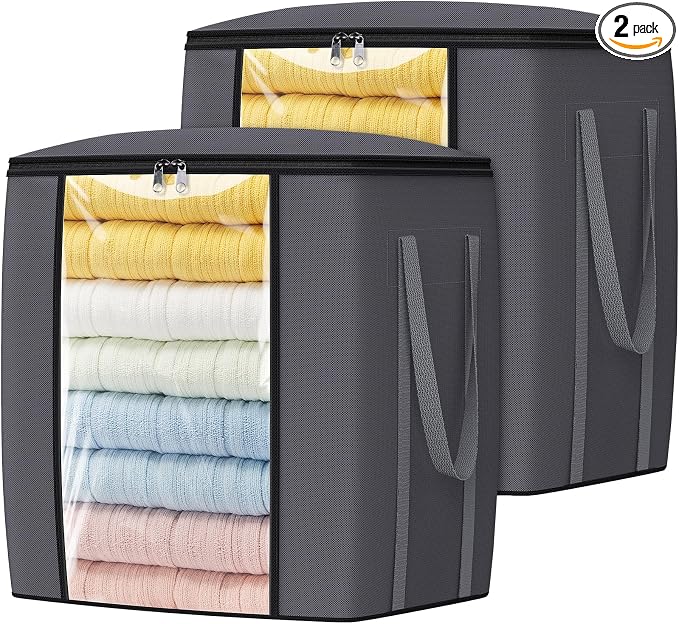 TasticTotes 120L Extra Large Clothes Storage Bags, Foldable Blanket Storage and Organization, Thick Fabric Containers with Reinforced Handles & Zippers for Clothing, Comforters, Bedding, Gray, 2 Pack