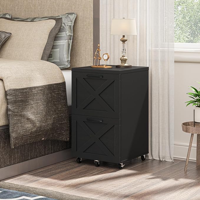 Halitaa 2 Drawer Small File Cabinet with Wheels, Farmhouse Vertical Filing Cabinet Fits A4 or Letter Size, Under Desk Rolling File Cabinets for Home Office, Wooden Printer Stand, Black
