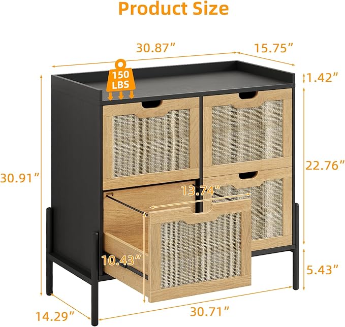4 Drawer File Cabinet, Rattan Lateral Filing Cabinet Fits Files Letter or A4 Size, Wooden Printer Stand for Home Office, Oak and Black