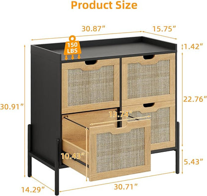4 Drawer File Cabinet, Rattan Lateral Filing Cabinet Fits Files Letter or A4 Size, Wooden Printer Stand for Home Office, Oak and Black