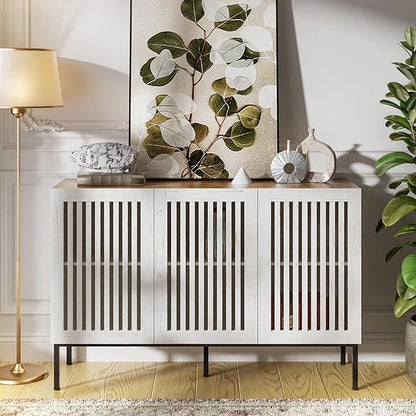 47" Farmhouse Buffet Cabinet with Metal Base, Adjustable Shelves & 3 Doors, Antique White Storage Sideboard for Kitchen, Dining & Living Room