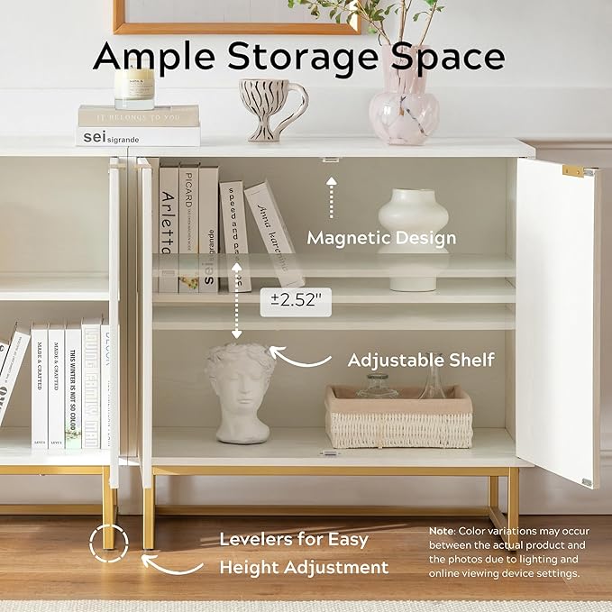 Fluted Storage Cabinet Sideboard Buffet Cabinet, Modern Accent Cabinets with Adjustable Shelves, Wooden Credenza, Console Table Entryway Cabinets for Living Dining Room, White