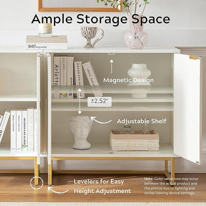 Fluted Storage Cabinet Sideboard Buffet Cabinet, Modern Accent Cabinets with Adjustable Shelves, Wooden Credenza, Console Table Entryway Cabinets for Living Dining Room, White