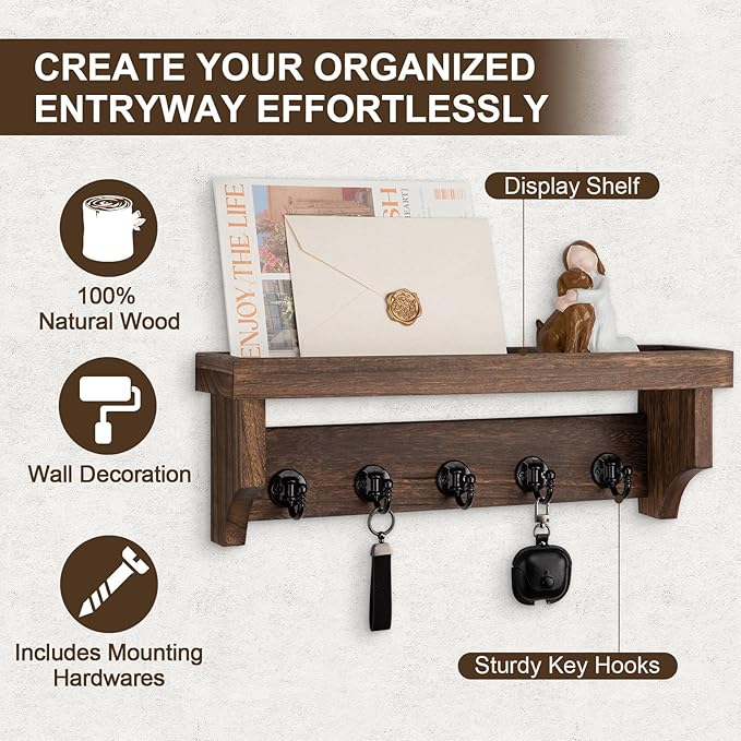 Key and Mail Holder Wall Mount, Key Holder with Shelf and Mail Organizer Wall Mount. Mail Holder with 5 Hooks for Coat, Dog Leash, Home Decor Rack, Entry Way Organizer (Brown)