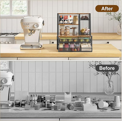 TQVAI Coffee Bar Organizer, Maximize Small Countertop Space, 70 Standard Capsules Capacity with Sliding Pods Drawer, 4-Tier Coffee Station Organizer for Home Kitchen Office Commercial