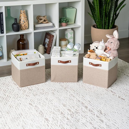 OrganiHaus 11" x 11" x 11" Fabric Cubes Storage Bins Set of 4, Foldable Collapsible Canvas Storage Bins for Organizer, Toy Organizer for Kallax, 11 Inch Linen Cube Shelf Baskets - Beige/White