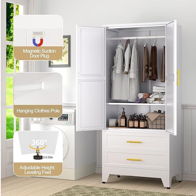Metal Wardrobe Cabinet with Hanging Rod, 71" Metal Clothing Storage Cabinets with 2 Door, 1 Adjustable Shelf and 2 Drawers, Steel Armoire Wardrobe Closet for Bedroom, Gym, Cloak Room (White)