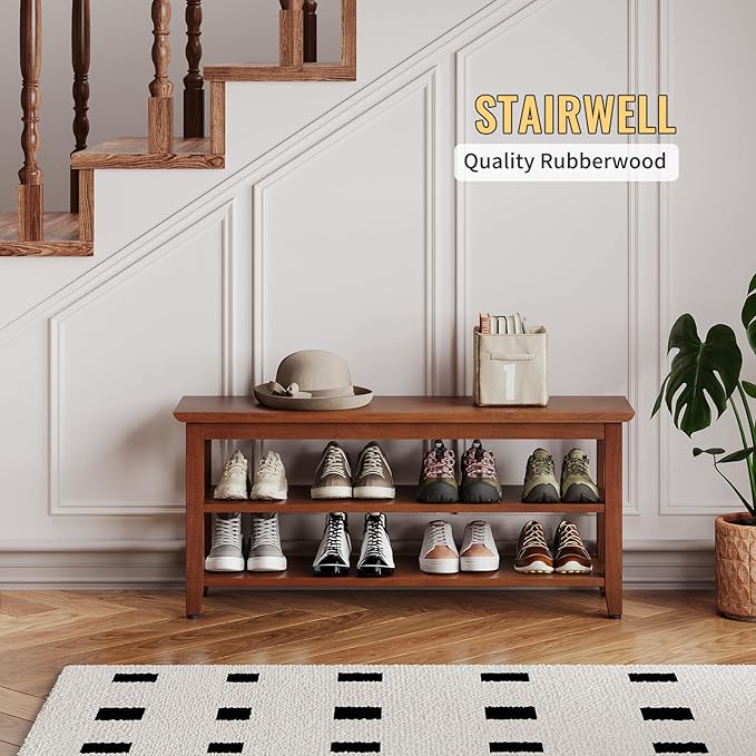 Wood Shoe Bench for Entryway,Bench with Shoe Rack,Storage Shoe Organizer for Hallway,Living Room,Bedroom (Brown, 39.37''W×11.81‘’D×17.71‘’H)