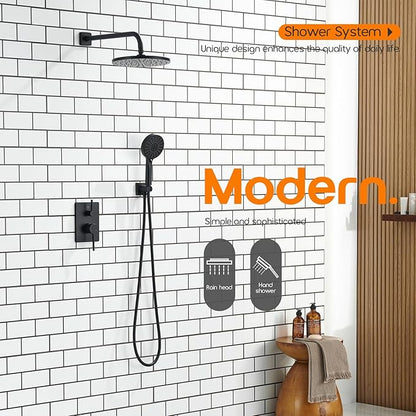 Bathroom Rainfall Shower System Set with 10'' Rain Shower Head, 3-Setting Handheld Spray, Valve Included Wall Mounted Matte Black SF001MB-D10