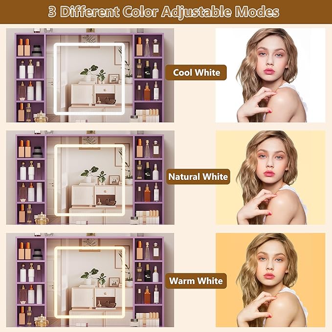 Purple Vanity Desk with Mirror and Lights, 43.4" Makeup Vanity Table Set with Lighted Mirror & RGB Glass Cabinet and 3 Drawers, Glass Top Dressing Table with Large Shelves for Girls, 3 Color Modes