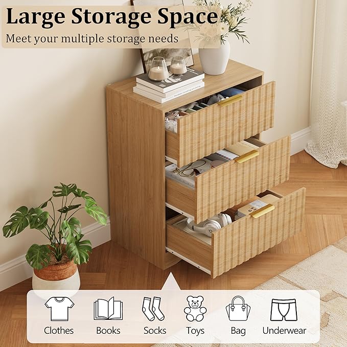 Fluted 3 Drawer Dresser for Bedroom, 30" Tall Modern Wood Dressers Chest of Drawers with Metal Handle, Large Nightstand End Table for Living Room, Closet, Entryway, Natural Oak