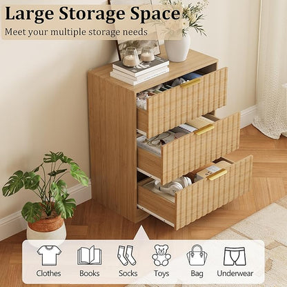 Fluted 3 Drawer Dresser for Bedroom, 30" Tall Modern Wood Dressers Chest of Drawers with Metal Handle, Large Nightstand End Table for Living Room, Closet, Entryway, Natural Oak