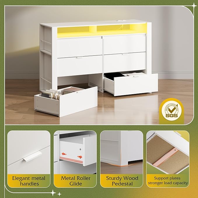 WLIVE 6 Drawer Led Dresser for Bedroom, 51" White Wood Dresser Storage Organizer with Charging Station for 55" TV, Dressers with Open Shelves, Hanging Rack, Chest of Drawers for Closet, Living Room