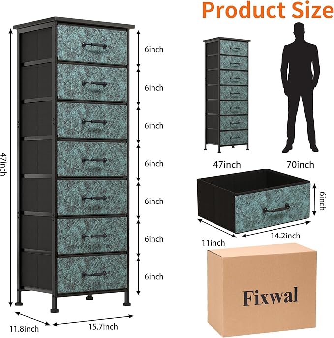 Fixwal Tall Dresser for Bedroom, Storage Dresser Organizer with 7 Fabric Drawers, Nightstand Furniture in Closet, Entryway, Hallway, Vintage Green