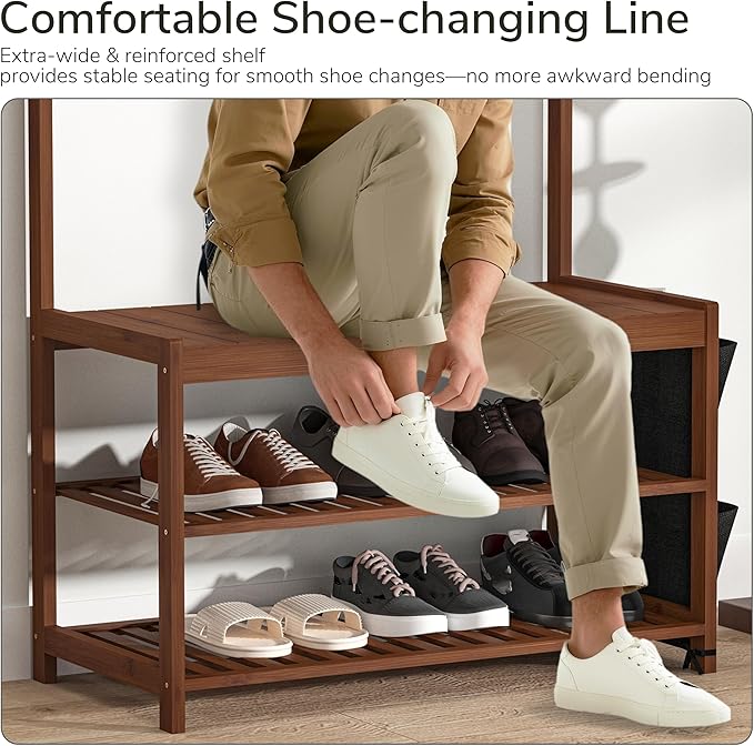 AMBIRD Hall Tree with bench and shoe storage, Entryway Bench with shoe storage, 6-in-1 Coat Rack with Cloth Bag and 12 Coat Hooks, Sturdy Bamboo Frame, Brown 31 * 15 * 70 Inches
