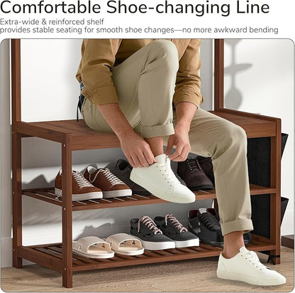 AMBIRD Hall Tree with bench and shoe storage, Entryway Bench with shoe storage, 6-in-1 Coat Rack with Cloth Bag and 12 Coat Hooks, Sturdy Bamboo Frame, Brown 31 * 15 * 70 Inches