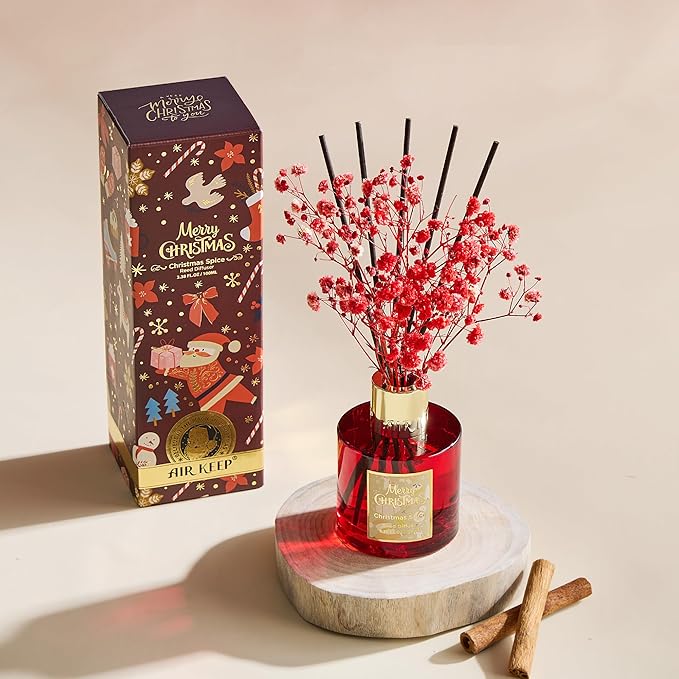Airkeep Reed Diffuser Set - 3.38 fl oz (100 ml) Cinnamon Spice Oil for Home Fragrance, Bathroom Shelf Decor with 8 Sticks