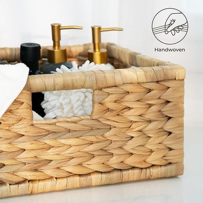 StorageWorks Wicker Basket for Organizing, Pantry Organizer with Wooden Frame, Water Hyacinth Storage Basket for Shelves