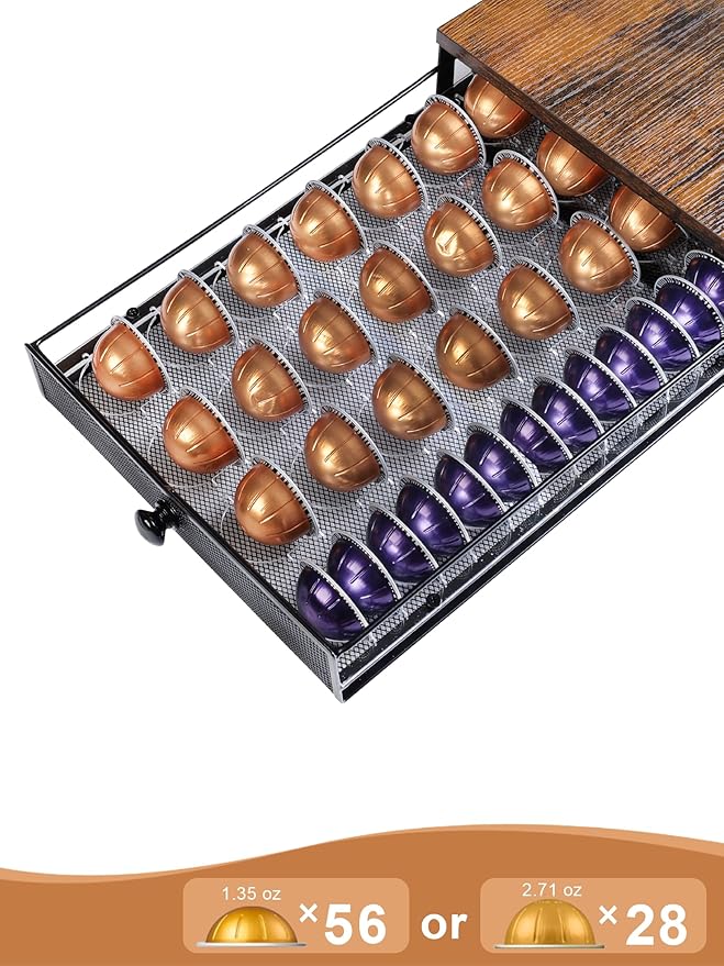 Sedegn Coffee Pod Holder Drawer Organizer Vertuo Capsules Storage Organizer with Sliding Drawer Compatible For Nespresso Vertuo Pods, Holds up to 56 Small or 28 Big Vertuo Pods Rustic Brown