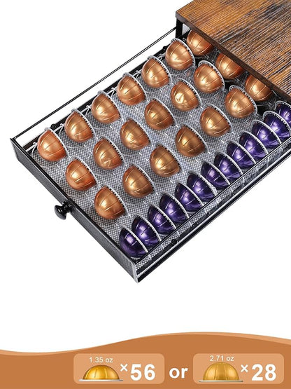 Sedegn Coffee Pod Holder Drawer Organizer Vertuo Capsules Storage Organizer with Sliding Drawer Compatible For Nespresso Vertuo Pods, Holds up to 56 Small or 28 Big Vertuo Pods Rustic Brown