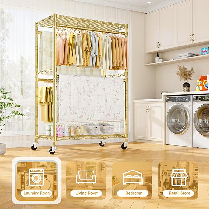 P4 Plus Rolling Clothes Rack Heavy Duty, Clothing Racks for Hanging Clothes, Free Standing Garment Racks with Wheels, Portable Closet Rack 45'' W × 20.5'' D × 80.5'' H, Max Load 570 Lbs, Gold