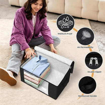 Fab totes 35L Closet Organizers and Storage, Foldable Under Bed Storage Containers, Storage bags for Organizing Bedroom, Closet, Clothing,Organization with Handle (4 Pack,Black)