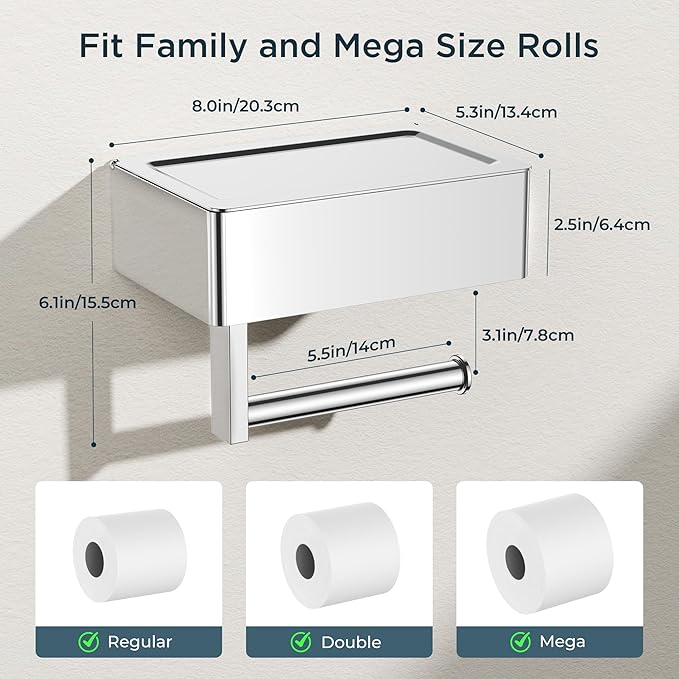 FORIOUS Toilet Paper Holder with Shelf, Sanitary Napkin Receptacle Tampon Holder, Wall Mount Toilet Paper Holder with Storage, Flushable Wipes Dispenser Fits for Bathroom Commercial(1, Chrome)