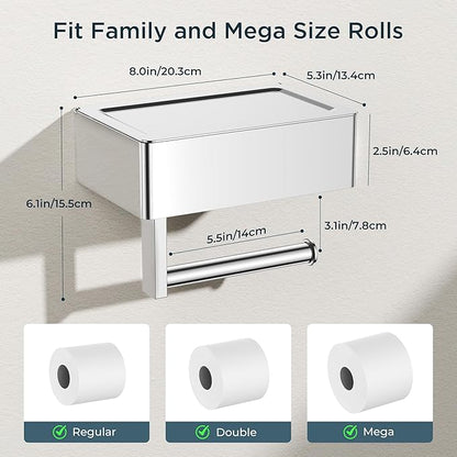 FORIOUS Toilet Paper Holder with Shelf, Sanitary Napkin Receptacle Tampon Holder, Wall Mount Toilet Paper Holder with Storage, Flushable Wipes Dispenser Fits for Bathroom Commercial(1, Chrome)