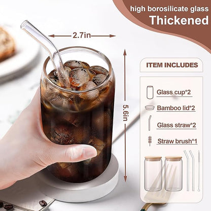 DWTS DANWEITESI Iced Coffee Cups with Lids 2 pcs,16 oz Glass Cups with Lids and Straws as Coffee Bar Accessories,Beer Drinking Glasses,Reusable Glass Tumbler,Cute Coffee Cups for Coffee, Juice, Gifts