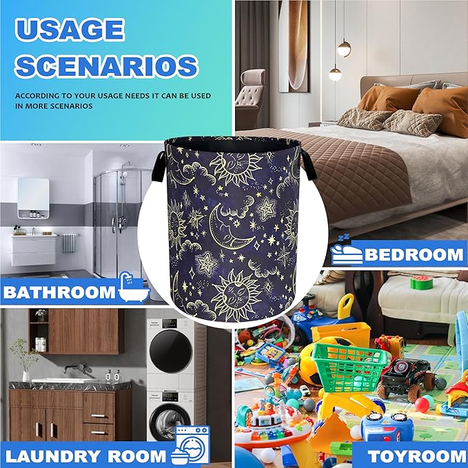 Celestial Sun Stars Moon Laundry Basket Oxford Cloth Funny Laundry Hamper With Handle Foldable Portable Clothes Storage Basket 18.9 X 16.5 In Storage Bag For Laundry Room/Bathroom/Bedroom/Dormitories