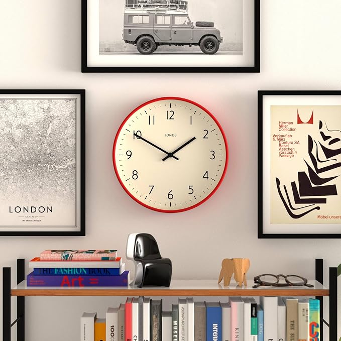 JONES CLOCKS® Studio wall Clock | Modern Round Style | 12 inch | Red | Easy to Read Numbers | Versatile Design for Kitchen, Living Room or Office