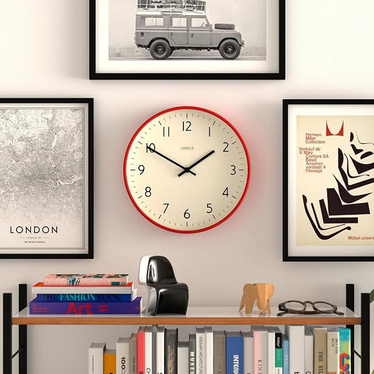 JONES CLOCKS® Studio wall Clock | Modern Round Style | 12 inch | Red | Easy to Read Numbers | Versatile Design for Kitchen, Living Room or Office