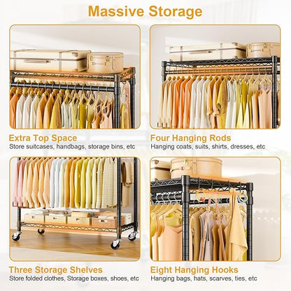 P5 Plus Rolling Clothes Rack Heavy Duty, Clothing Racks for Hanging Clothes, Metal Garment Rack with Wheels, 3-Tier Portable Closet Rack 45'' W × 20.5'' D × 80.5'' H, Max Load 660 Lbs, Black